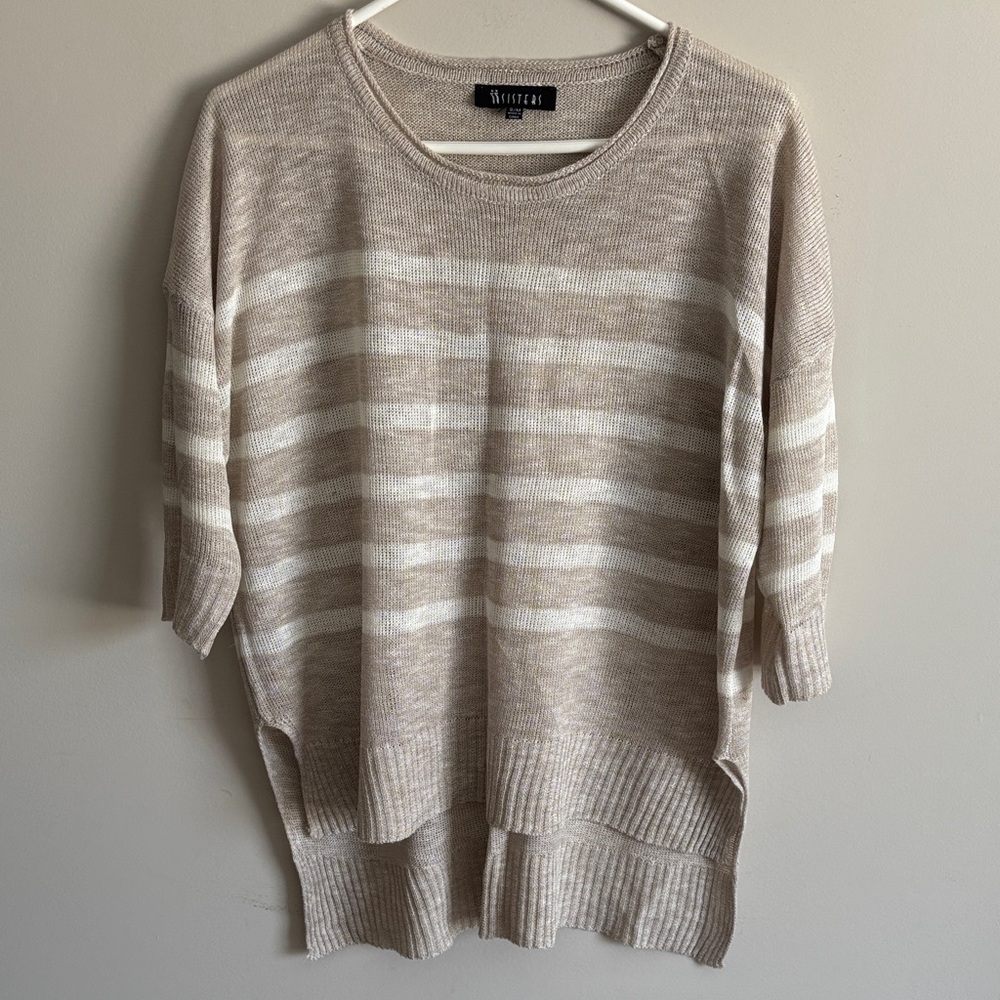 Sisters Beige and White Striped Crewneck Sweater